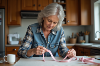 Femme mesurant un elastique dans sa cuisine chaleureuse
