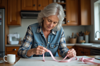 Femme mesurant un elastique dans sa cuisine chaleureuse