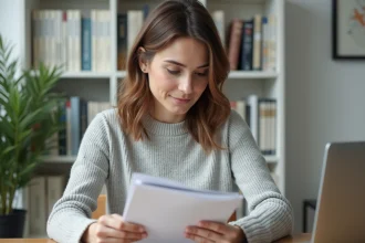 Femme débutante lisant un guide Specrem imprimé à son bureau à domicile