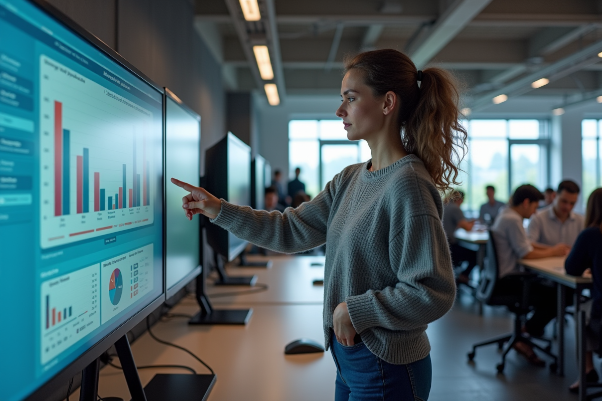 Femme pointant un écran avec un graphique dans un espace de travail collaboratif