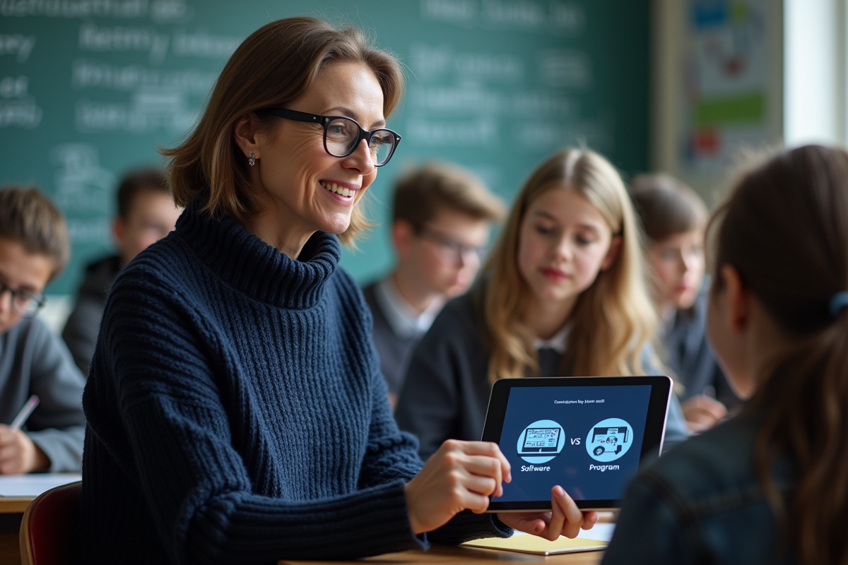 Femme présentant un tableau numérique à une adolescente en classe