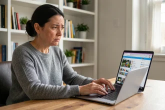 Femme frustrée devant son ordinateur portable avec le navigateur Firefox ouvert et les marques-pages non synchronisés