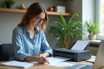 Femme en train de scanner un document dans un bureau lumineux