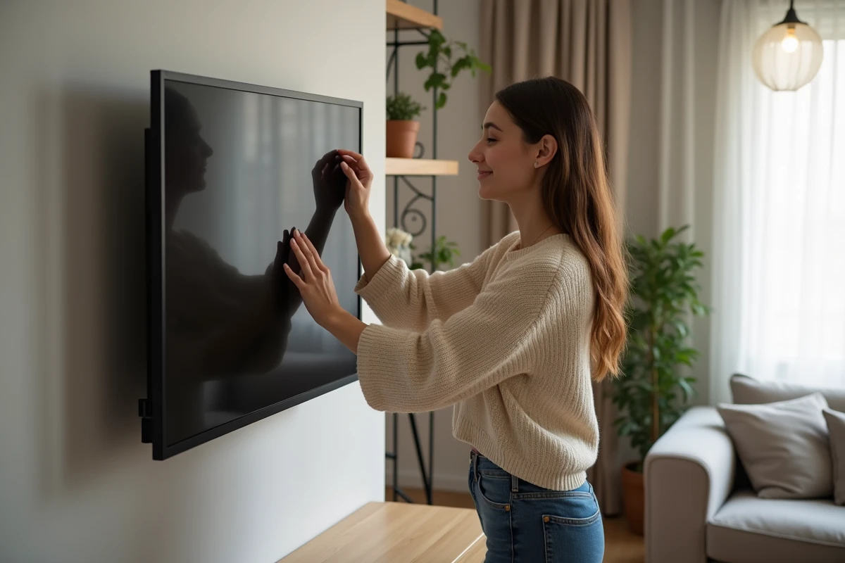 Jeune femme installant une television DLED dans un salon moderne