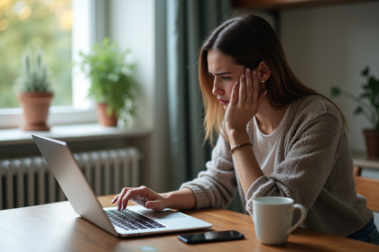 Femme inquiète devant son ordinateur à la maison