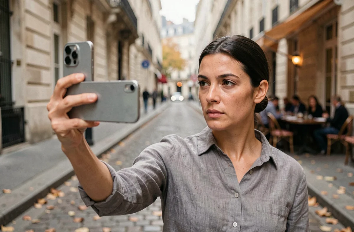 Femme tenant un iPhone 16 et photographiant une rue parisienne, illustrant les capacités photo du smartphone Apple