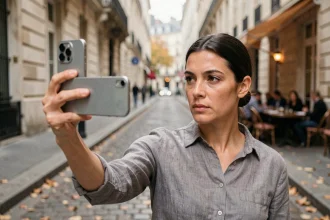Femme tenant un iPhone 16 et photographiant une rue parisienne, illustrant les capacités photo du smartphone Apple