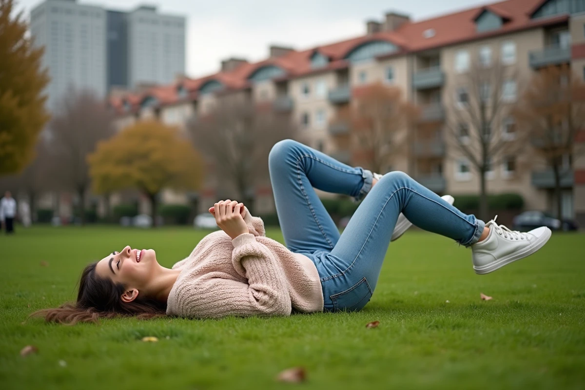 Jeune femme faisant une roulade dans un parc urbain ensoleille