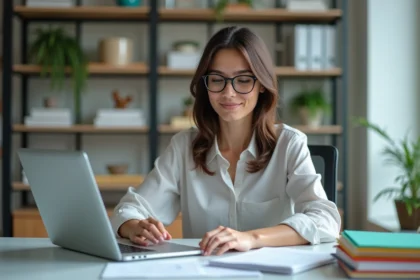 Femme organisée au bureau avec dossiers et ordinateur