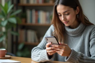 Jeune femme configurant les paramètres de confidentialité d'un deuxième compte Instagram sur son smartphone à son bureau