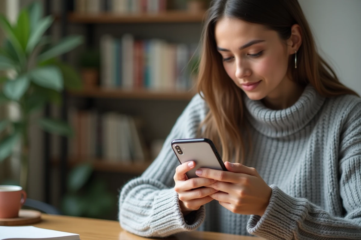 Jeune femme configurant les paramètres de confidentialité d'un deuxième compte Instagram sur son smartphone à son bureau