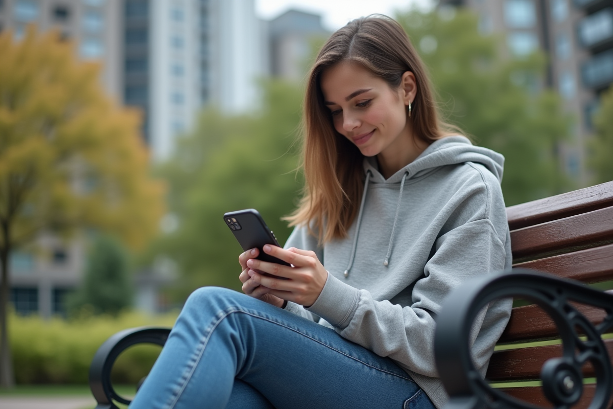 Jeune femme lisant son téléphone avec logo WireGuard en extérieur