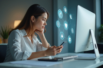 Jeune femme professionnelle utilisant son smartphone au bureau