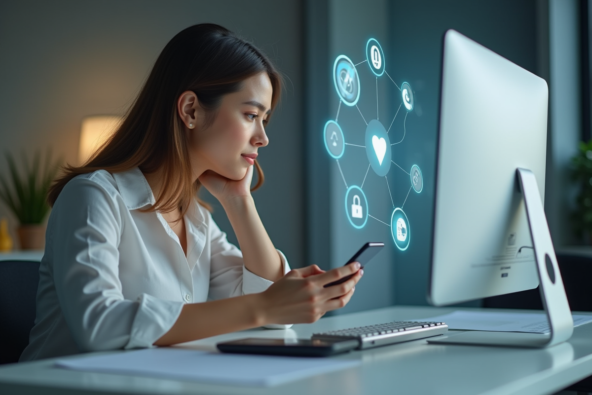 Jeune femme professionnelle utilisant son smartphone au bureau