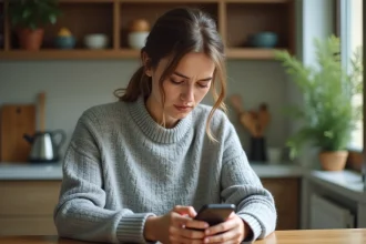 Femme inquiète regardant un fil de messages vide sur son smartphone, cherchant à récupérer des messages supprimés