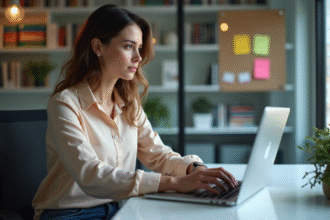 Jeune femme professionnelle recherche mots-clés SEO sur son ordinateur