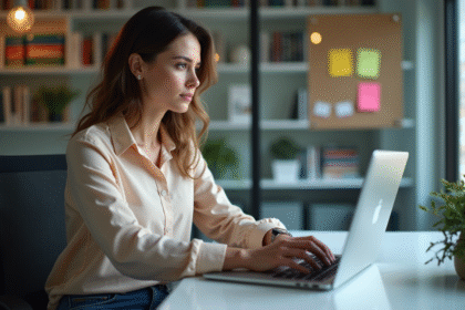 Jeune femme professionnelle recherche mots-clés SEO sur son ordinateur