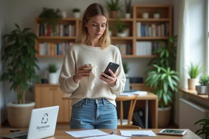 Femme en intérieur manipulant un smartphone ancien