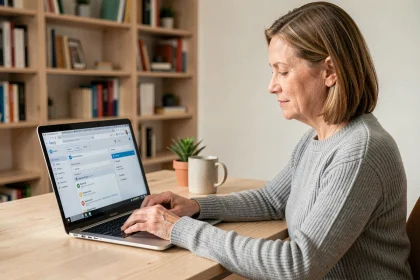 Femme configurant les filtres anti-spam sur un webmail depuis son bureau à domicile