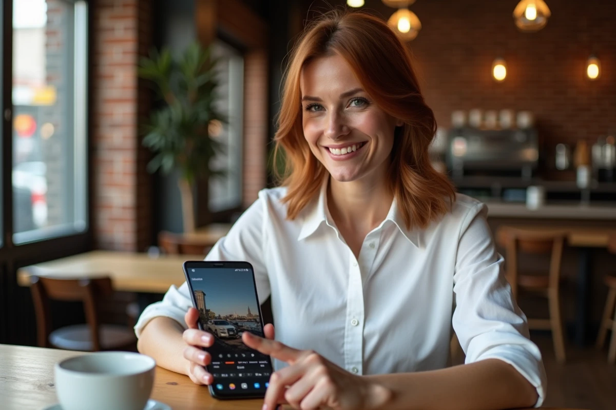 Femme explorant les outils d'édition photo IA du Samsung Galaxy S25 dans un café