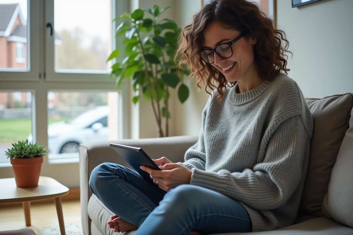 Femme souriante jouant sur une tablette dans le salon