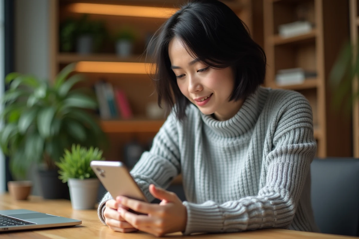 Femme utilisant les fonctionnalités IA du Samsung Galaxy S25 dans un bureau moderne à domicile