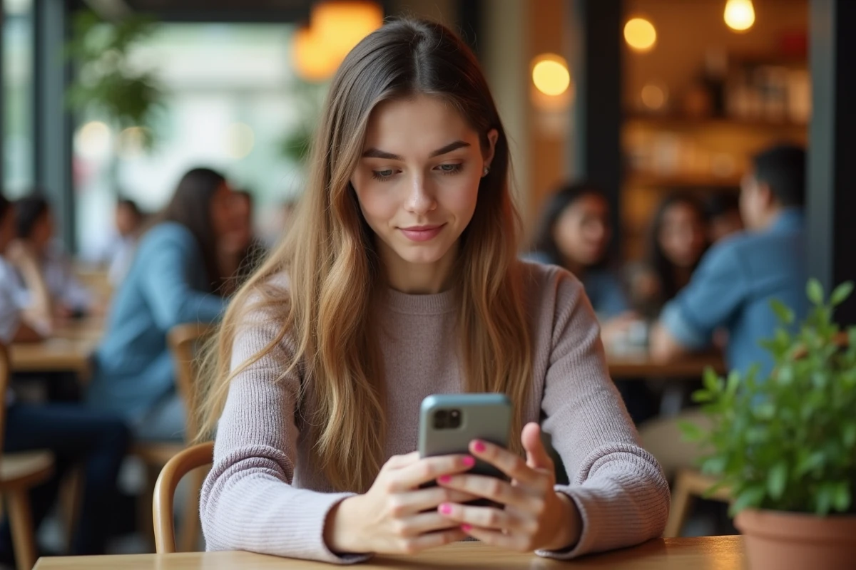 Femme jeune déverrouillant son smartphone au café