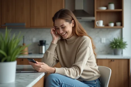 Femme souriante utilisant son smartphone dans la cuisine moderne