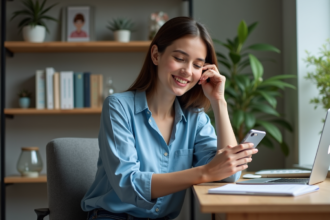 Jeune femme utilisant son smartphone dans un bureau à domicile