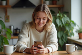 Jeune femme assise à la cuisine avec smartphone