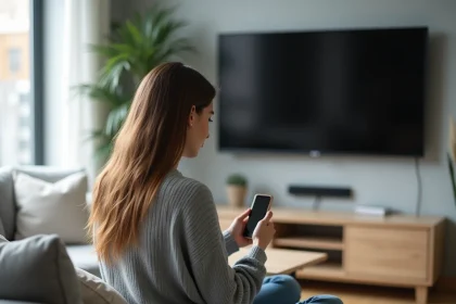 Femme utilisant l'application Mafreeboxos sur son smartphone pour contrôler sa Freebox depuis son salon