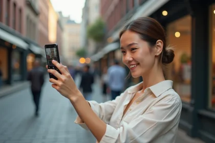 Femme utilisant un smartphone pour filmer une vidéo en plein air dans une rue urbaine en 2026