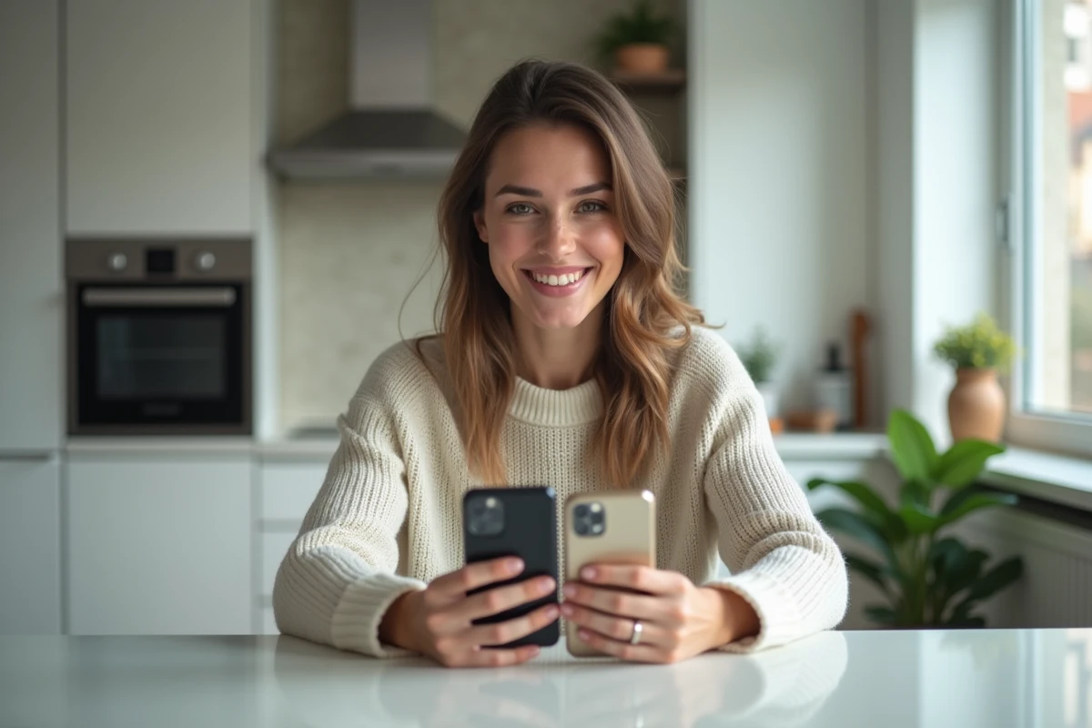 Jeune femme comparant deux téléphones dans une cuisine moderne