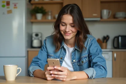Jeune femme en cuisine utilisant son smartphone