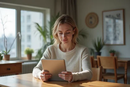 Femme assise à une table moderne avec tablette dans un appartement lumineux