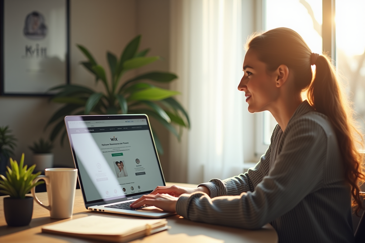 Jeune femme professionnelle travaillant sur un ordinateur portable avec Wix