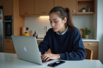 Jeune femme travaillant sur un ordinateur portable à la maison