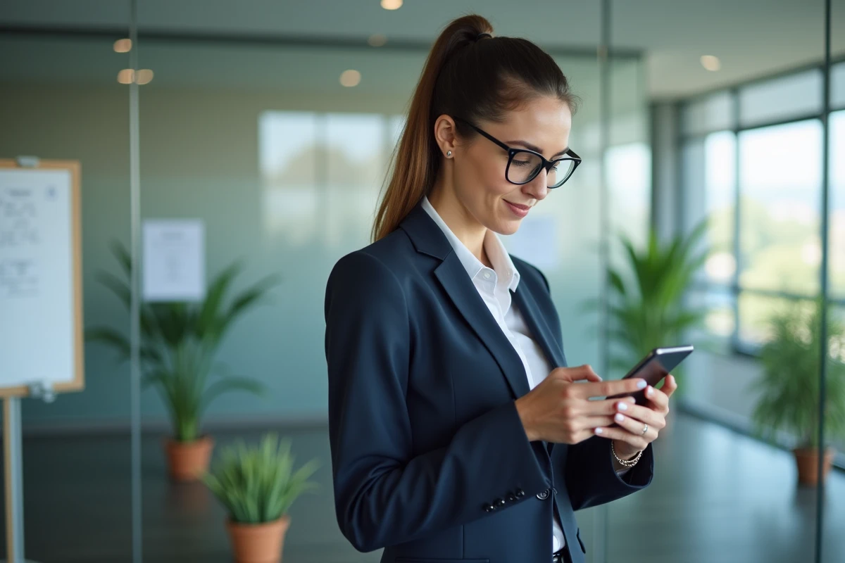 Femme en réunion vérifiant son smartphone dans un espace collaboratif