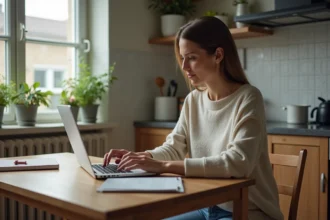 Femme d'âge moyen travaillant sur son ordinateur à la maison