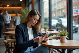Jeune femme en café utilisant son smartphone pour travailler