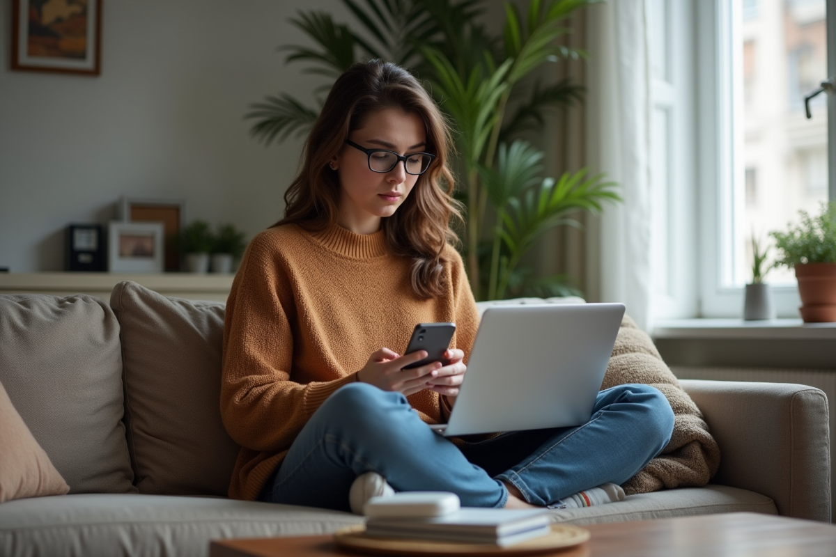 Jeune femme utilise un ordinateur portable dans son salon