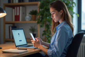 Femme en ligne de code sur smartphone dans un bureau moderne