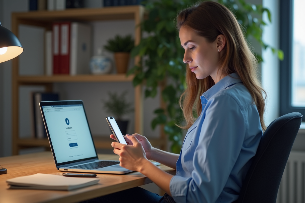 Femme en ligne de code sur smartphone dans un bureau moderne