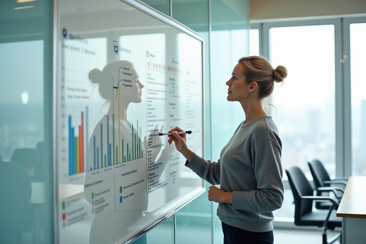 Femme pointant des mots clés sur un tableau blanc en réunion