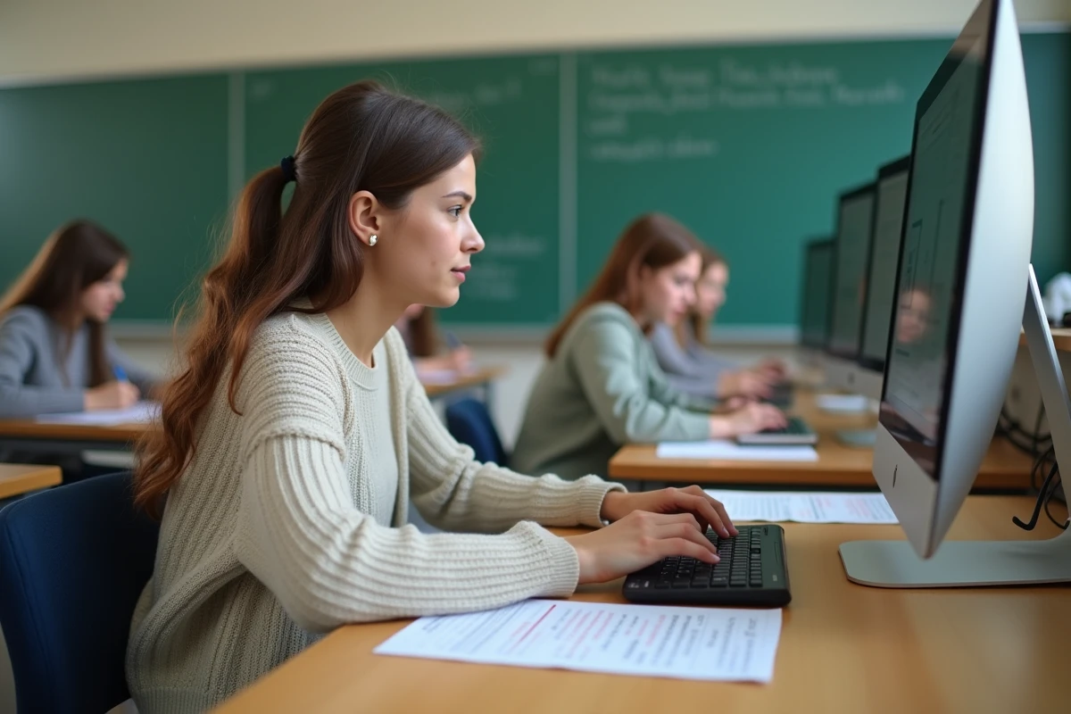 Jeune femme concentrée sur son ordinateur avec notes de raccourcis