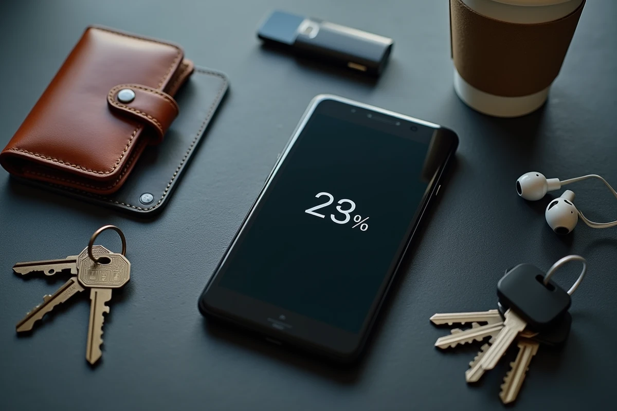 Flatlay d'un smartphone Google Pixel affichant le niveau de batterie posé sur un bureau avec des accessoires du quotidien