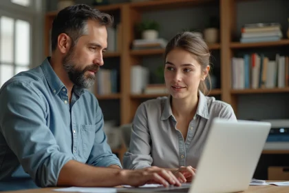 Homme montrant des raccourcis clavier à une femme dans un bureau moderne