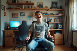 Jeune garçon en t-shirt graphique en pleine rotation sur une chaise