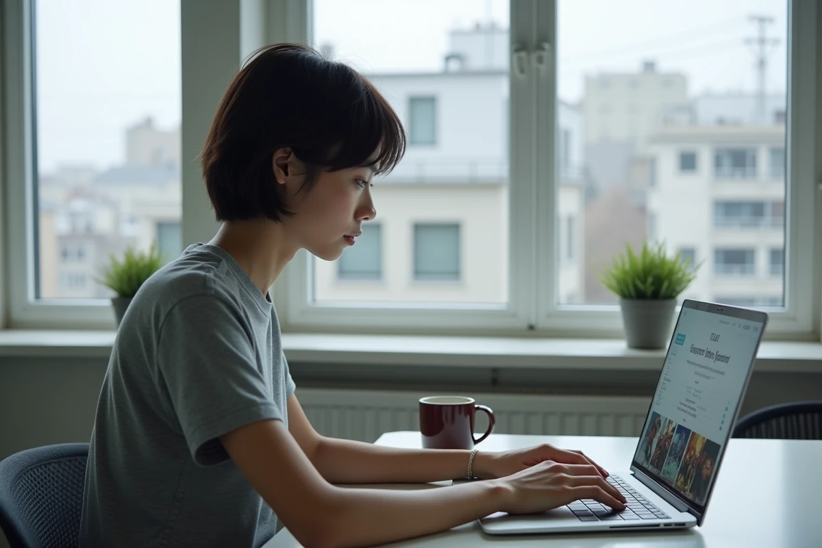 Femme gérant des captures d'écran de jeux vidéo pour un forum en ligne depuis un appartement moderne
