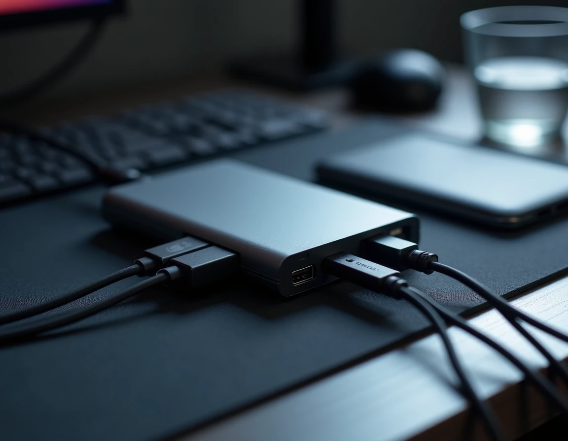 Gros plan sur un hub USB C avec câble USB B et périphériques branchés sur un bureau minimaliste